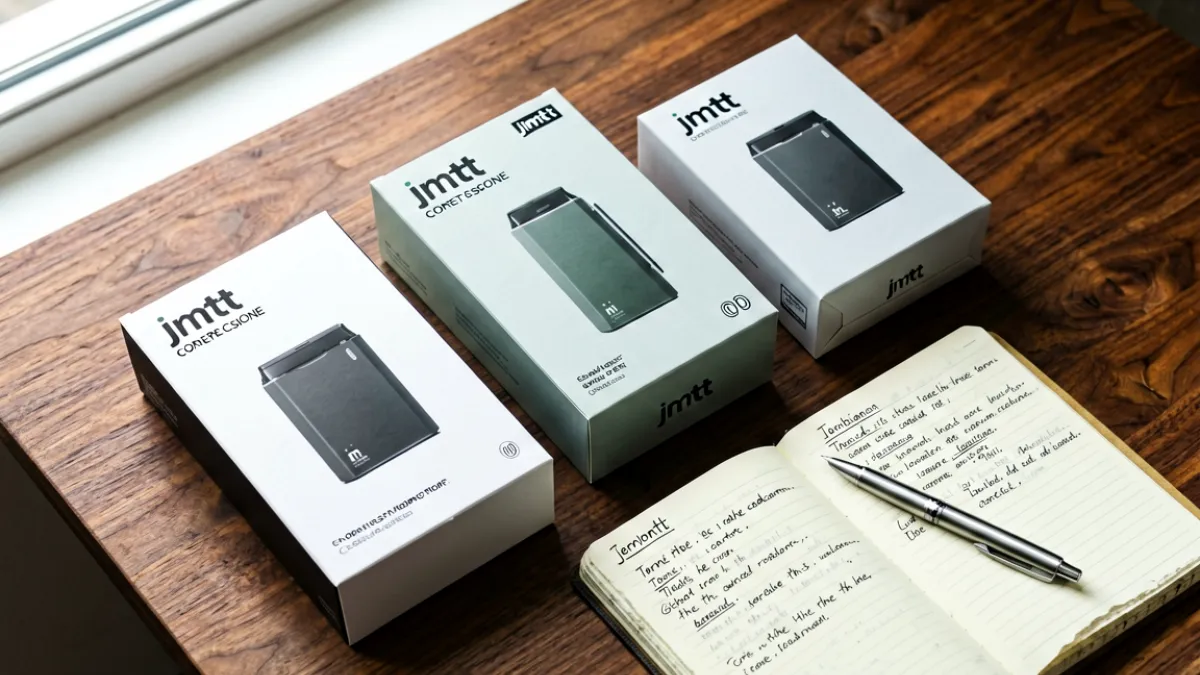桌上并排摆放三款 jmtt 不同版本的产品包装，旁边是打开的笔记本和手写笔记，光线从左侧窗户洒入，营造出务实的选择对比场景