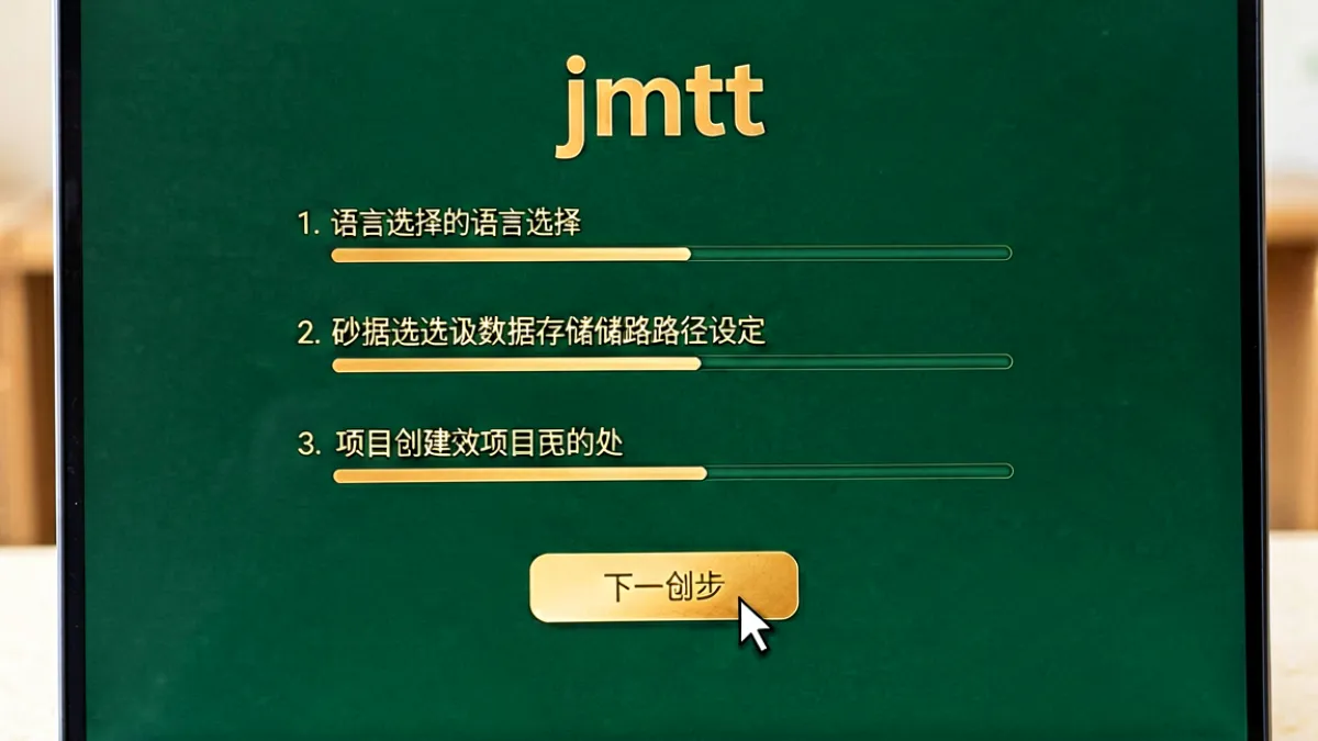 一台笔记本电脑屏幕上显示的 jmtt 初始配置向导界面，分三步展示语言选择、数据路径设定和项目创建，界面采用深绿色背景配金色文字，鼠标指针正悬停在'下一步'按钮上