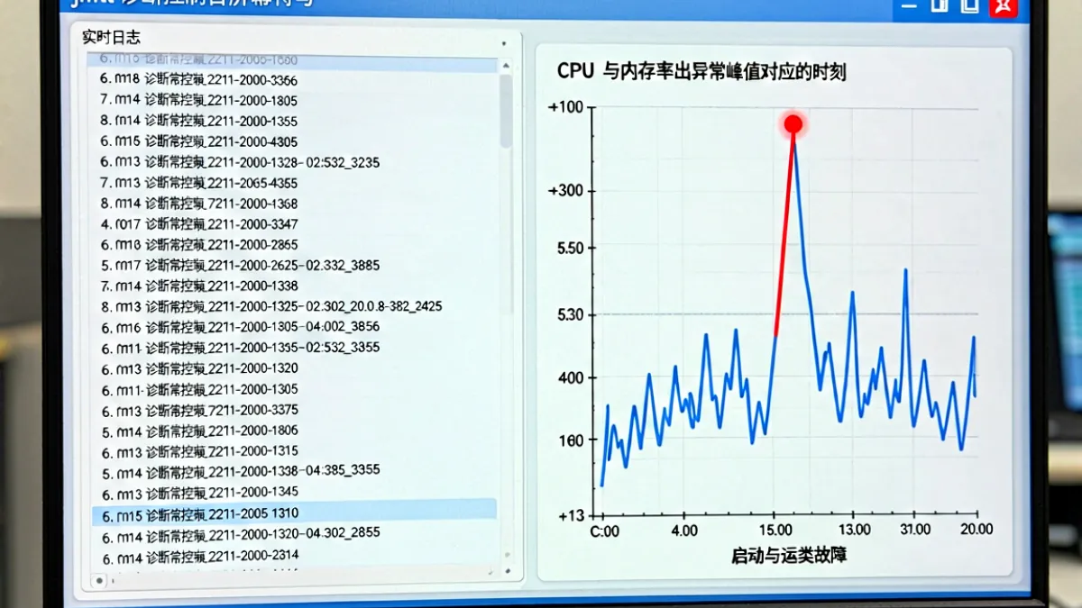 jmtt 诊断控制台屏幕特写：左侧是实时日志流滚动，右侧是 CPU 与内存使用率的折线图，红色标记出异常峰值对应的时刻